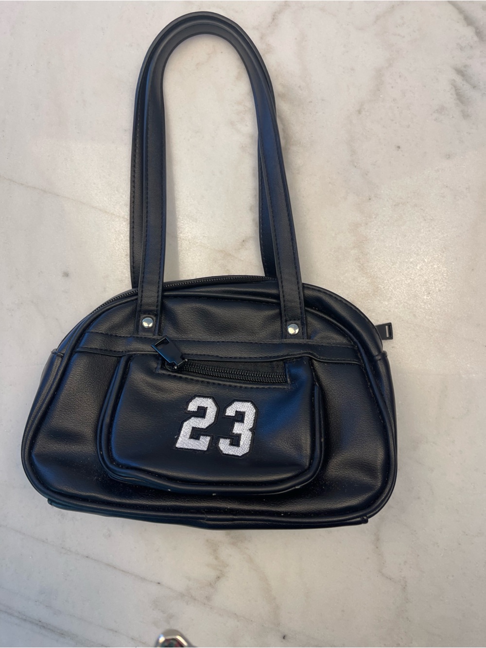 Black Faux Leather Handbag with '23' Patch